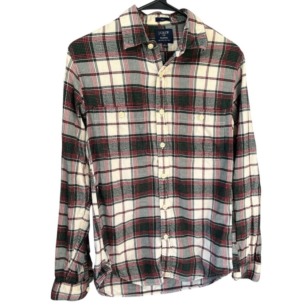 J. Crew Men’s Flannel Plaid Button-Down Shirt, Red Green 100% Cotton, Size S